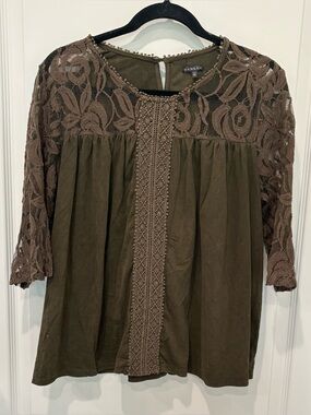 Hannah Olive Green Lace Crochet Boho Babydoll Blouse Top - Size L
